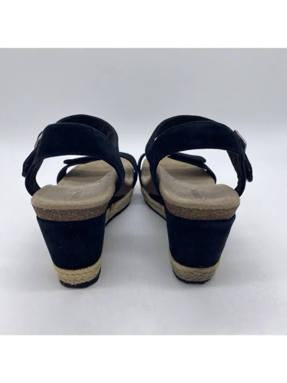 Aetrex Black Suede Wedge Espadrille Sandals